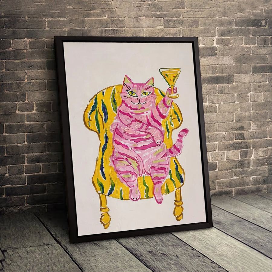 Pink Cat Martini Canvas Print | Whimsical Animal Wall Art | 1.25-Inch Gallery Wrap | Funny Cat Lover Home Decor Gift