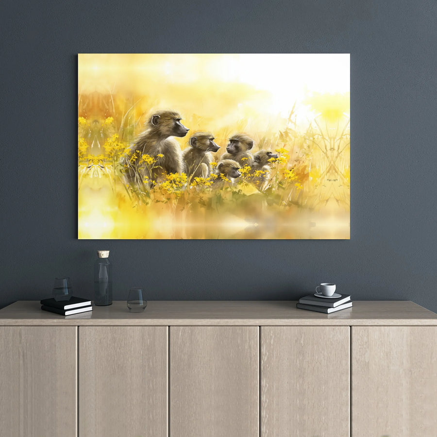Baboon Family Canvas Wall Art | Sunny Wildlife Meadow Portrait | Premium Gallery Wrap Print | Nature Inspired Home Decor for Living Room