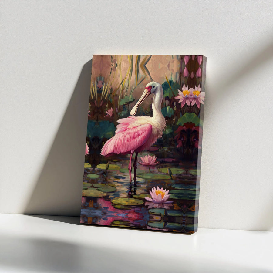 Pink Spoonbill Bird Painting Canvas | Impressionist Style Water Lily Art | Premium Thick Gallery Wrap | Florida Wildlife Decor Gift for Bird Watcher