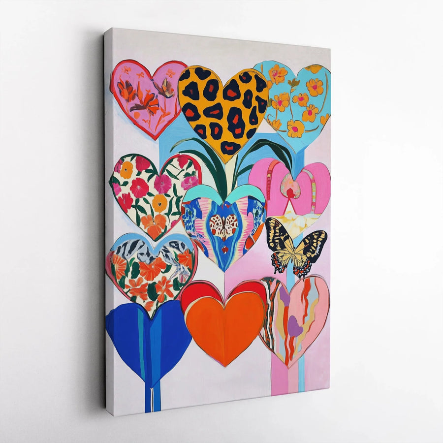 Colorful Heart Canvas Wall Art | Pop Art Butterfly & Leopard Print Decor | Premium Gallery Wrap | Vibrant Modern Home Gift
