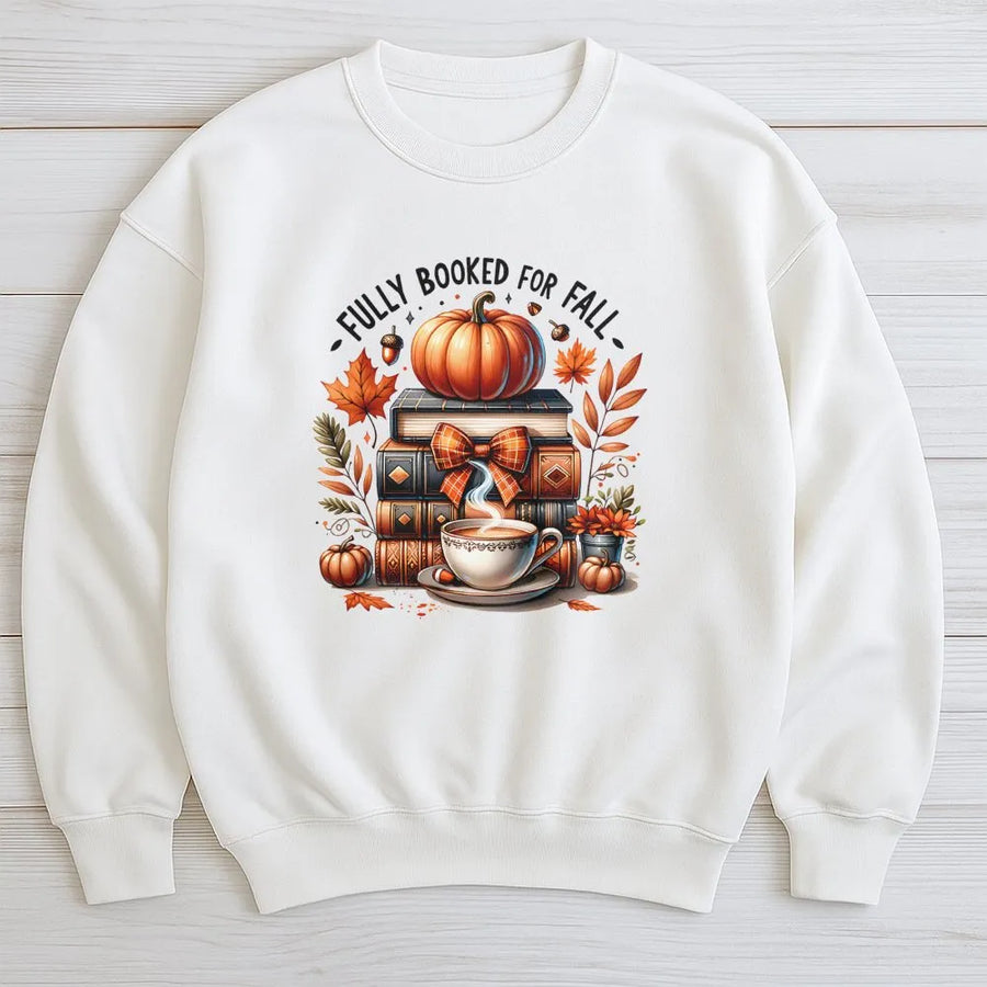 Fully Booked For Fall Sweatshirt | Pumpkin Books and Coffee Graphic | Soft Cozy Autumn Apparel | Gift for Book Lovers and Readers