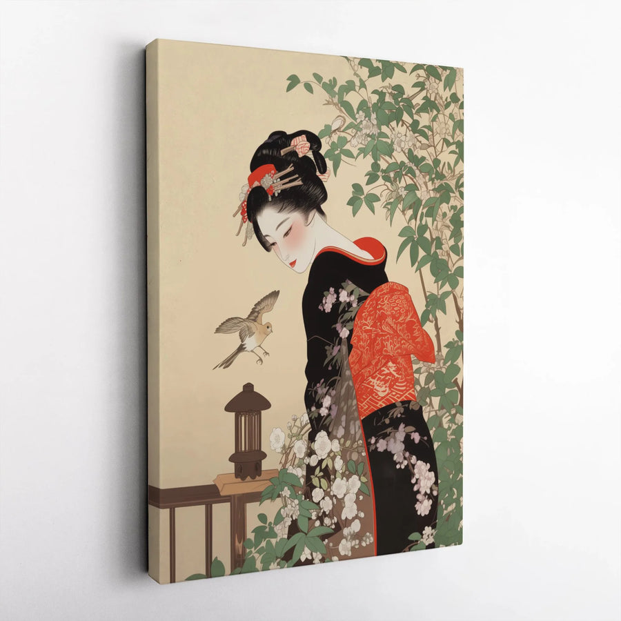Japanese Geisha Wall Art | Ukiyo-e Inspired Floral Illustration | Premium Gallery Wrap Canvas | Aesthetic Home Decor Gift