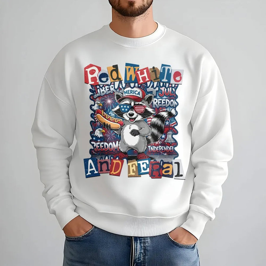 Red White and Feral Sweatshirt | Funny Patriotic Raccoon Graphic | Soft Cotton-Blend Pullover | 4th of July Independence Day Gift
