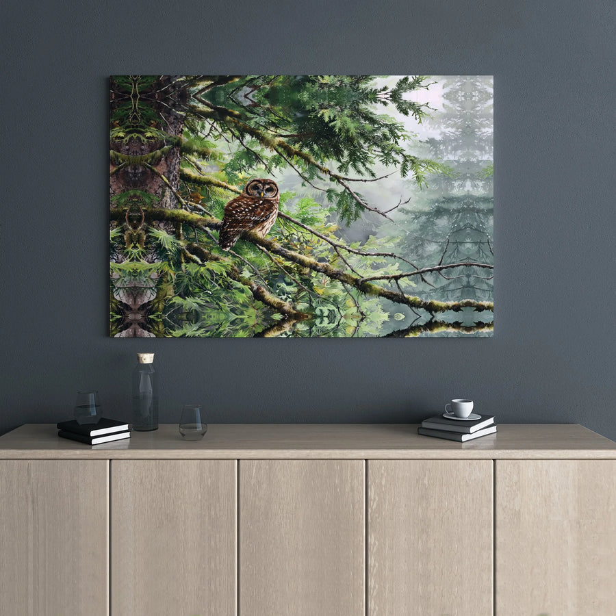 Spotted Owl Canvas Wall Art | Foggy Forest Nature Print | Premium 1.25 Inch Gallery Wrap | Wildlife Home Decor for Nature Lovers