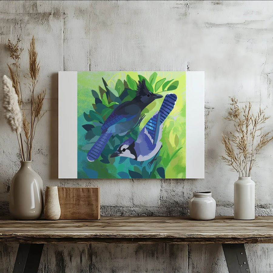 Steller's Jay & Blue Jay Canvas Wall Art | Vibrant Songbird Illustration | Premium Fade-Resistant Print | Gift for Bird Watcher & Nature Lover Home Decor