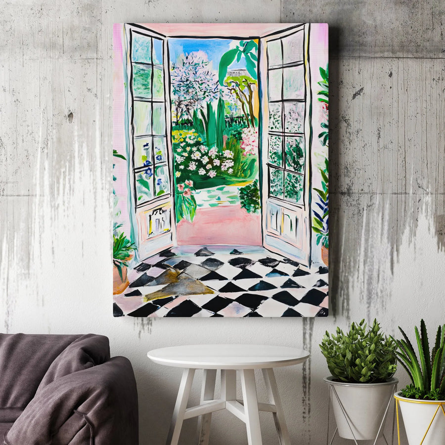 Fauvism Style Open Window Vertical Canvas | Colorful Garden View Art Painting with Checkered Floor | 1.25 Inch Gallery Wrap Premium Wall Decor | Aesthetic Gift for Art Lovers