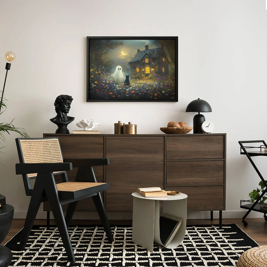 Ghost and Black Cat Canvas Art | Cottagecore Halloween Wall Decor | Premium Fade-Resistant Print | Spooky Autumn Home Gift