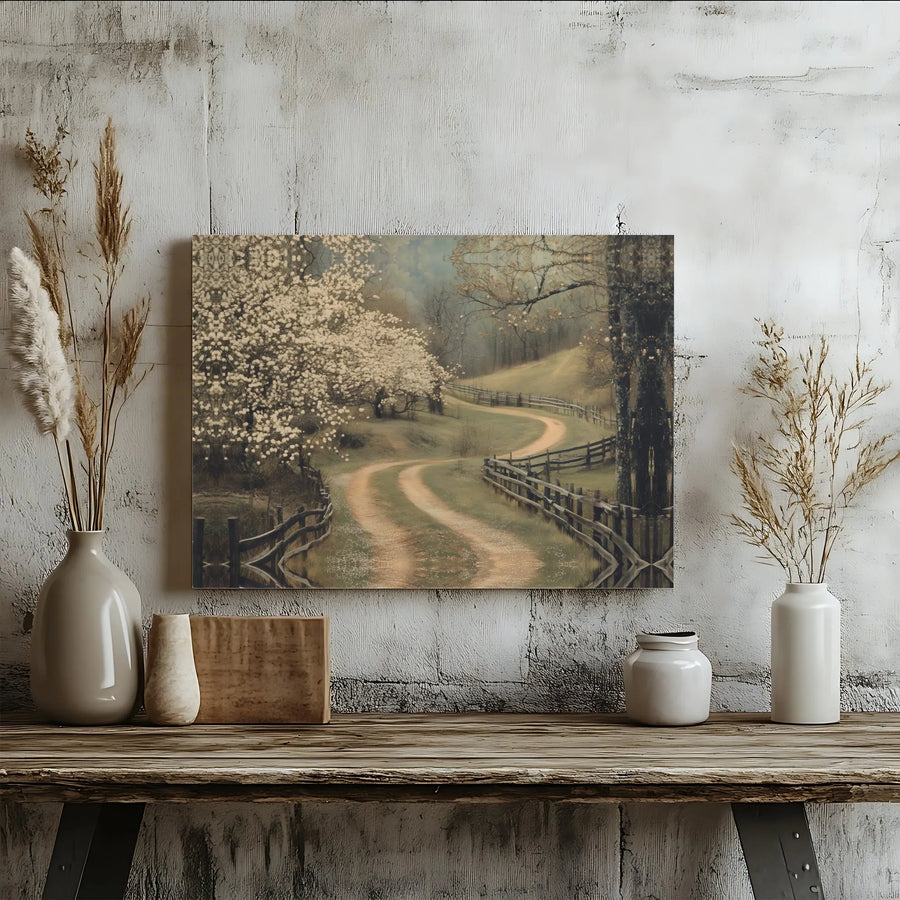 Country Road Canvas Wall Art | Winding Path with Spring Blossom Trees | Premium Gallery Wrapped Canvas | Rustic Home Decor Gift