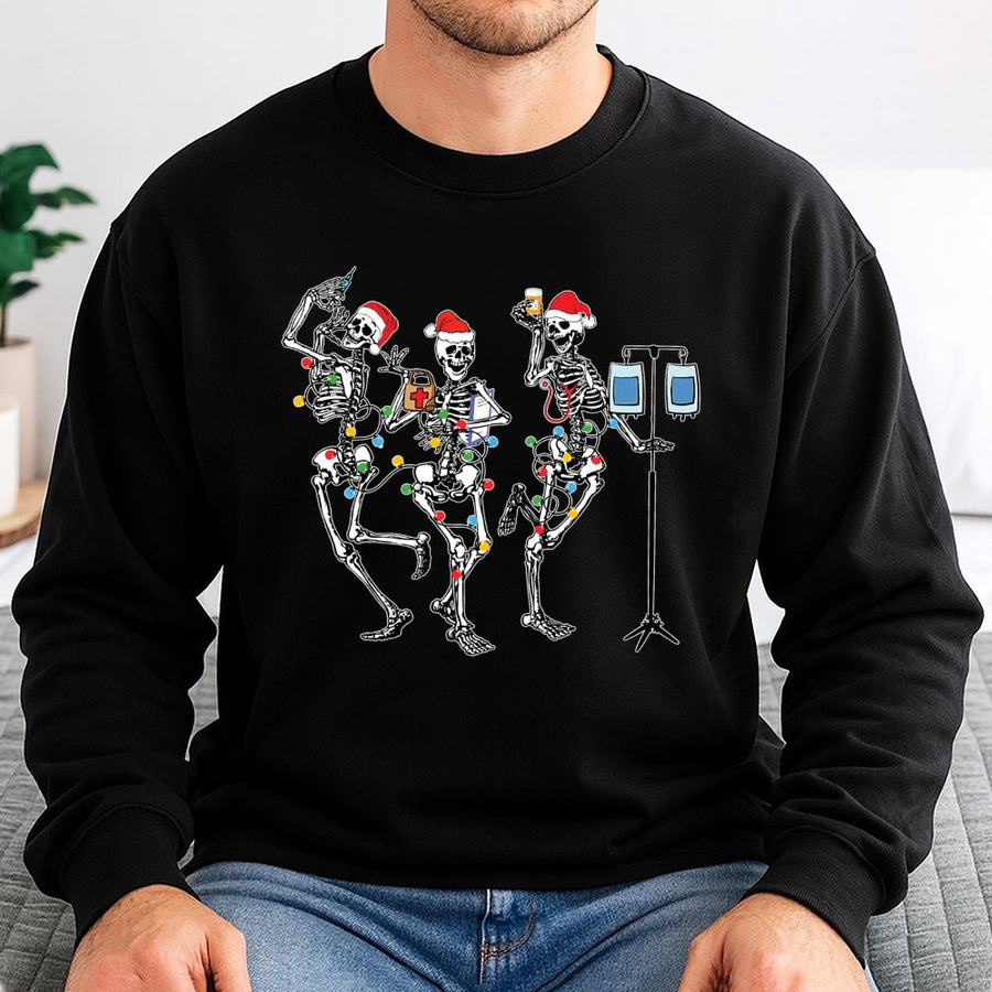Christmas Nurse Sweatshirt | Dancing Skeletons Holiday Medical Design | Premium Cotton Blend | Funny RN Nursing Student Christmas Gift