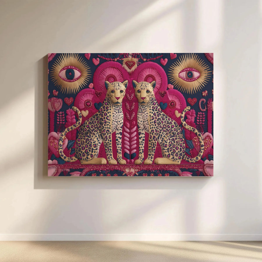 Twin Cheetah Leopard Canvas Art | Bohemian Folk Art Embroidery Style | Gallery-Wrapped Premium Print | Whimsical Animal Wall Decor for Home