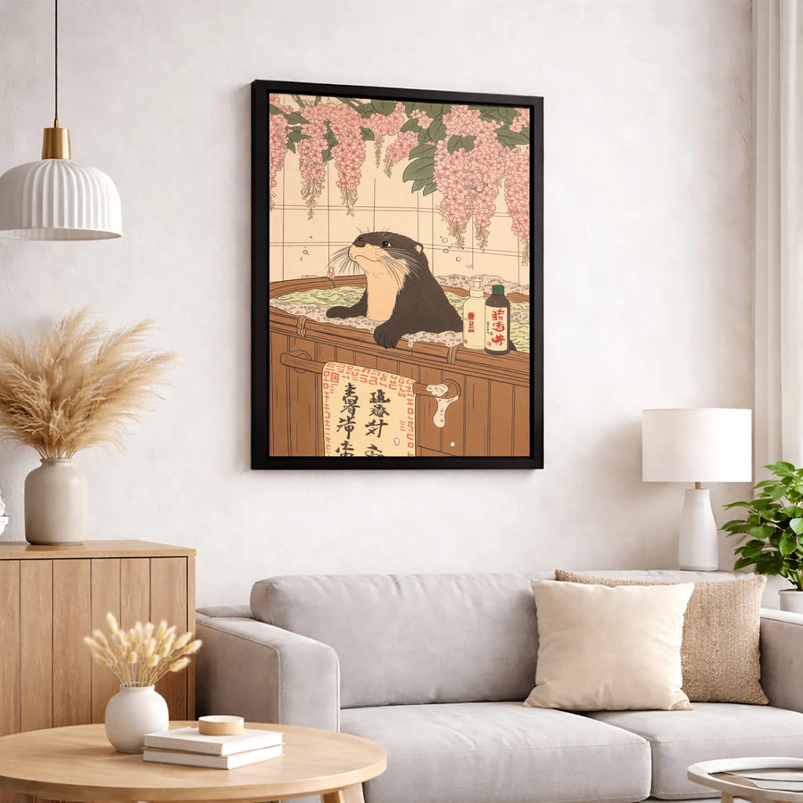 Ukiyo-E Otter In Bathtub Canvas | Japanese Wisteria Art Print | 1.25-Inch Premium Gallery Wrap | Unique Animal Bathroom Wall Decor Gift