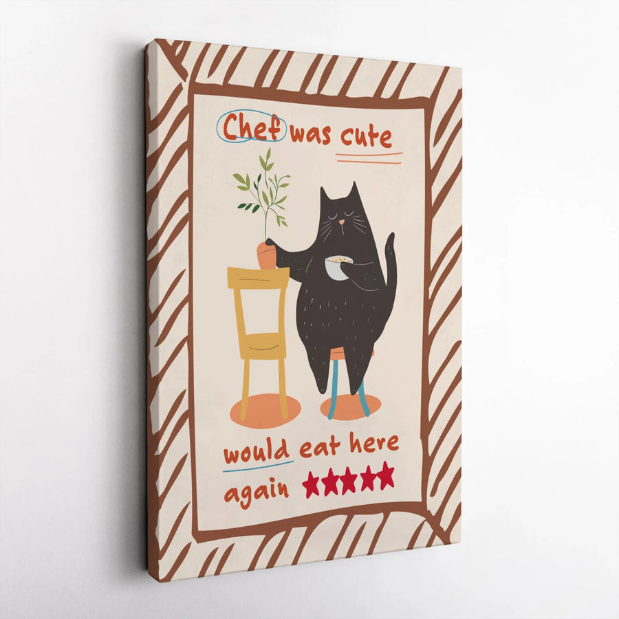 Black Cat Kitchen Wall Art | Chef Was Cute Would Eat Here Again Print | Premium Gallery Wrapped Canvas | Funny Cat Lover Home Decor Gift