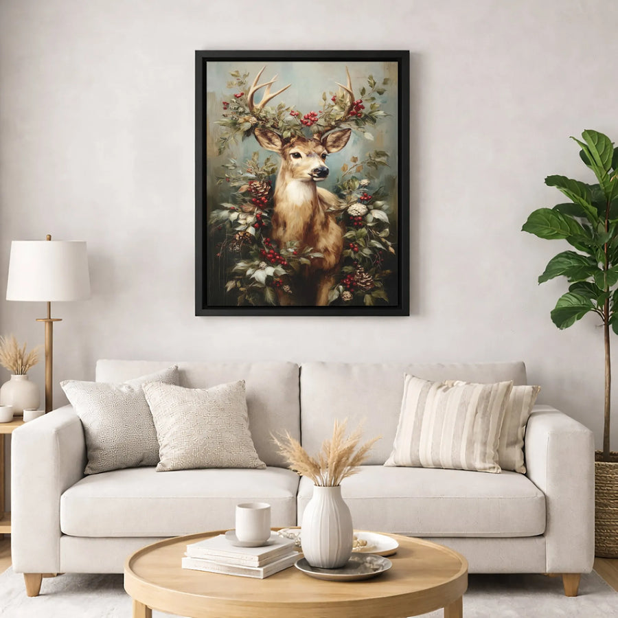 Winter Deer Canvas Wall Art | Rustic Reindeer With Berry Wreath | Premium Fade-Resistant Gallery Wrap | Farmhouse Holiday Home Decor Gift