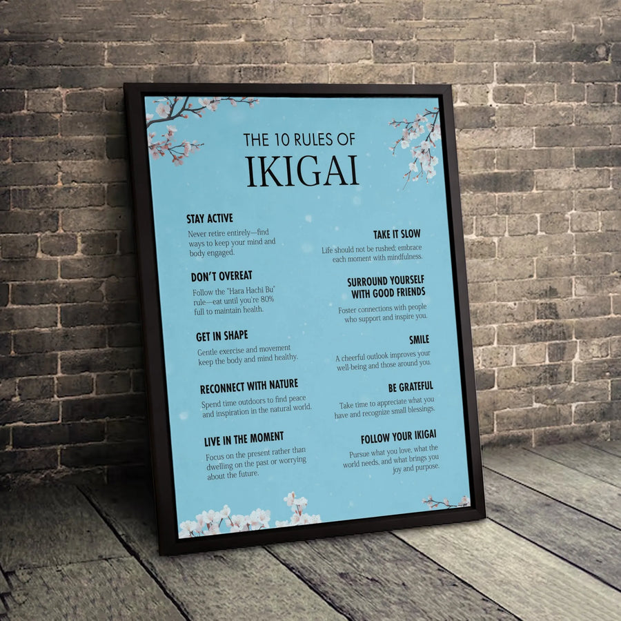 Ikigai Rules Wall Art | Mindfulness Cherry Blossom Canvas | Premium Gallery-Wrapped Print | Inspirational Home Office Decor Gift