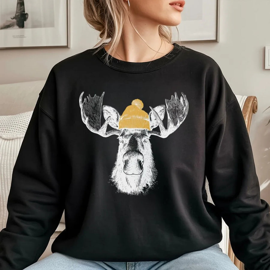 Moose Sweatshirt with Beanie | Cute Wildlife Graphic Illustration | Premium Soft Cotton Blend | Winter Nature Gift for Him Her