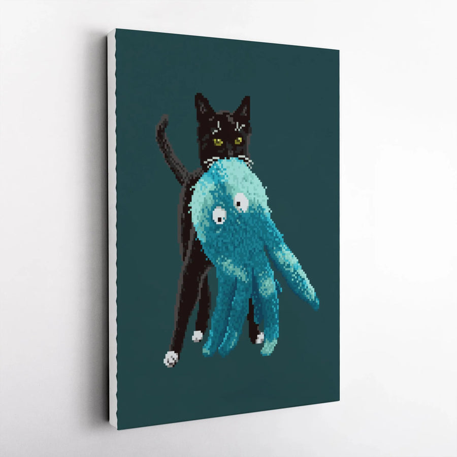 Pixel Art Cat and Octopus Canvas Wall Art | Retro 8-Bit Gaming Print | Premium Thick Gallery Canvas | Unique Gamer Gift for Home Office Decor