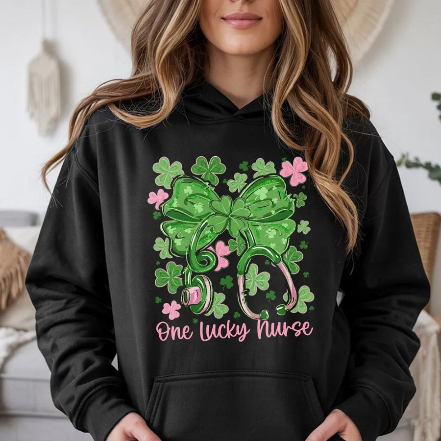 One Lucky Nurse Hoodie | St. Patrick's Day Stethoscope Shamrock Graphic | Premium Cotton Blend Sweatshirt | Gift for Nurses RN LPN CNA