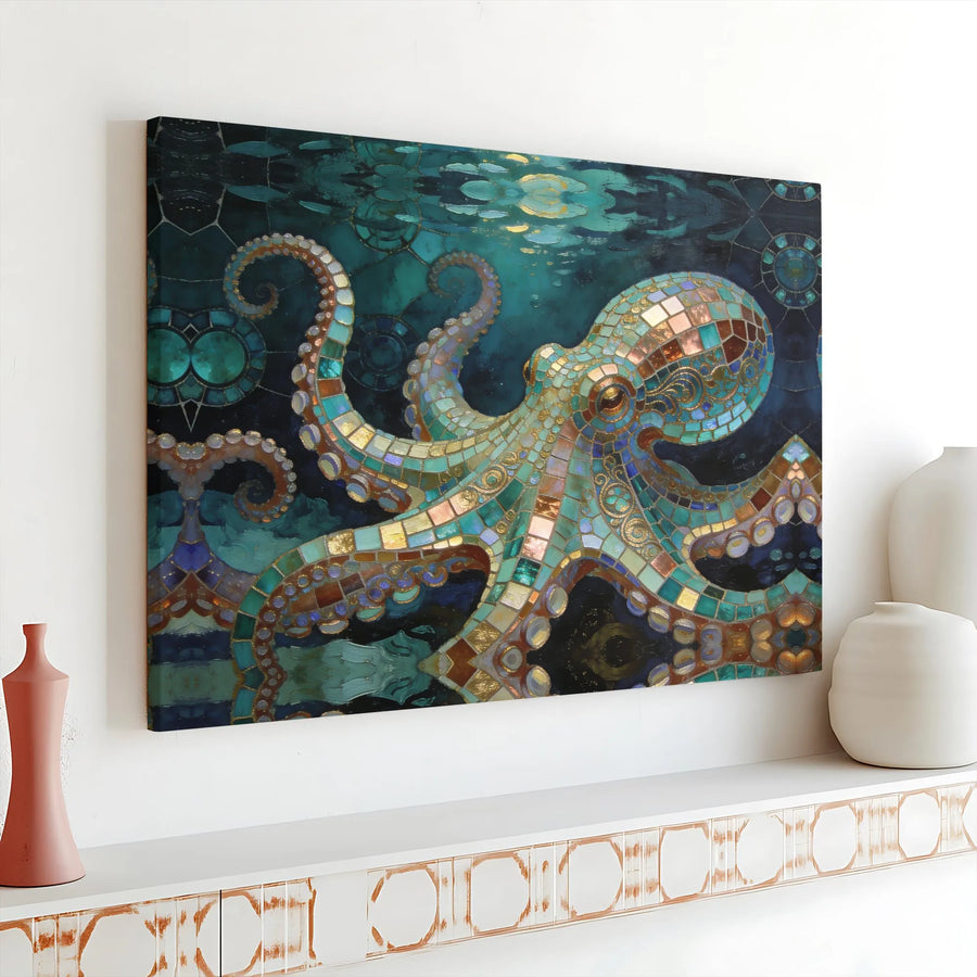 Mosaic Octopus Canvas Wall Art | Teal and Gold Stained Glass Print | Premium Gallery Wrap | Unique Coastal Bathroom Decor Gift