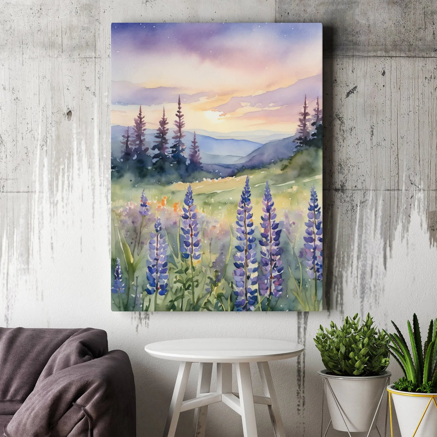 Watercolor Lupine Meadow Canvas Print | Mountain Sunset Landscape Wall Art | Gallery Wrapped Premium Decor | Nature Inspired Gift for Home