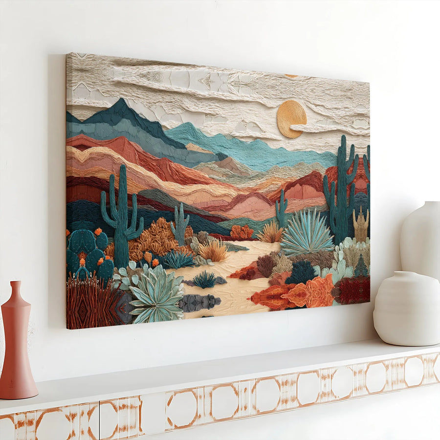 Southwest Desert Landscape Canvas | Abstract Cacti & Mountain Wall Art | Premium Gallery Wrap | Modern Home Decor Gift