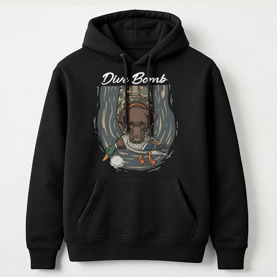 Chocolate Lab Duck Hunting Hoodie | Dive Bomb Mallard Dog Graphic | Premium Cotton-Blend | Outdoor Waterfowl Hunter Gift
