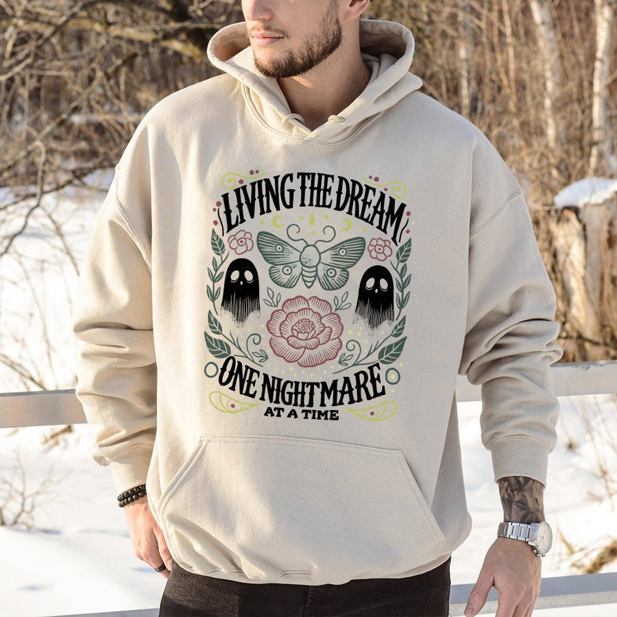 Living The Dream One Nightmare At A Time Hoodie | Vintage Moth & Ghost Floral Graphic | Soft Cotton-Polyester Blend | Spooky Halloween Gift For Her