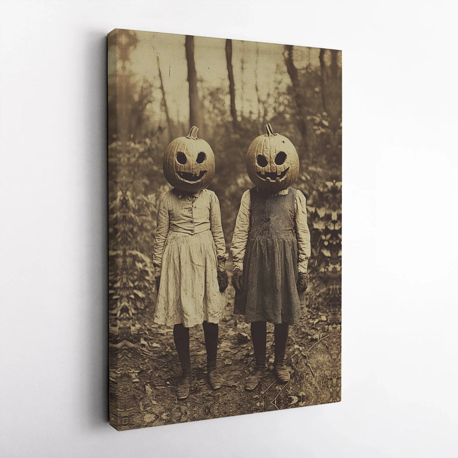 Vintage Pumpkin Head Children Canvas Print | Creepy Halloween Wall Art | Gallery Wrapped Premium Decor | Spooky Gothic Home Gift