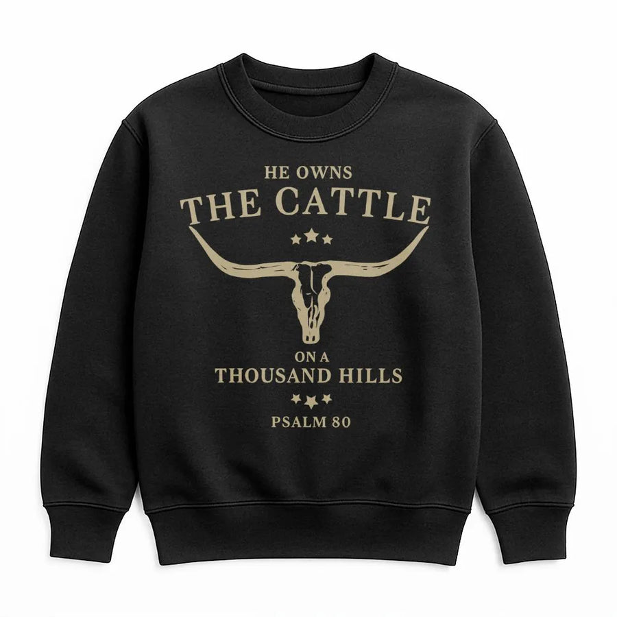 He Owns The Cattle On A Thousand Hills Sweatshirt | Western Faith Bible Verse Graphic | Premium Cotton Blend | Christian Gift For Men Women