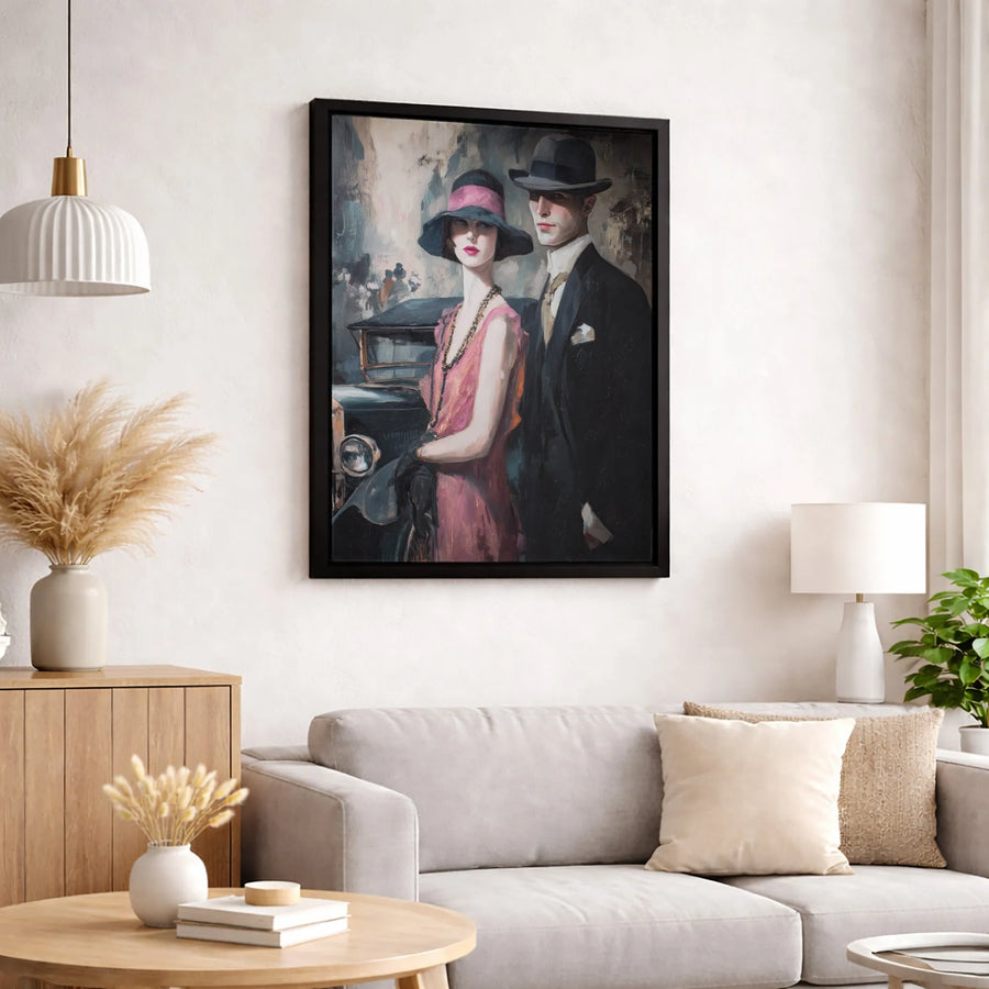 1920s Art Deco Couple Canvas | Roaring Twenties Vintage Car Wall Art | Premium Fade-Resistant Gallery Print | Elegant Retro Decor Gift