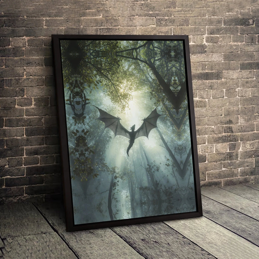 Dragon Wall Art Canvas | Misty Forest Fantasy Landscape | Premium Fade-Resistant Print | Magical Home Decor Gift for Fantasy Lovers