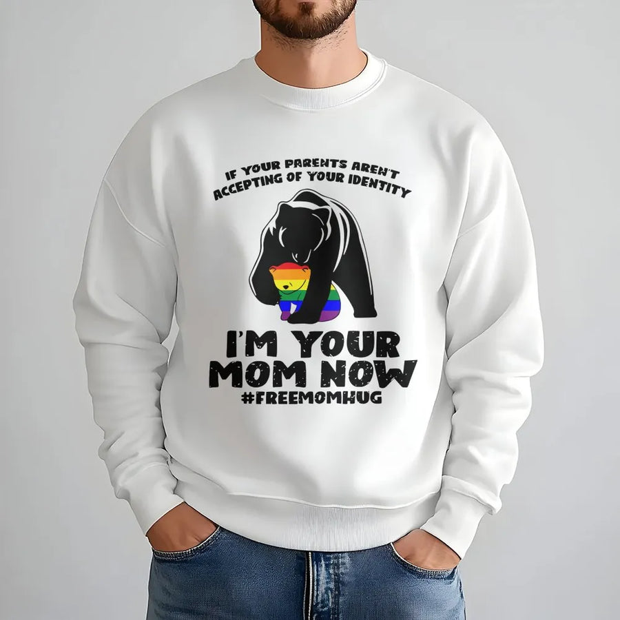 Free Mom Hugs Sweatshirt | Rainbow Pride Mama Bear Design | Cotton Blend Cozy Crewneck | LGBTQ Support Gift for Pride Month