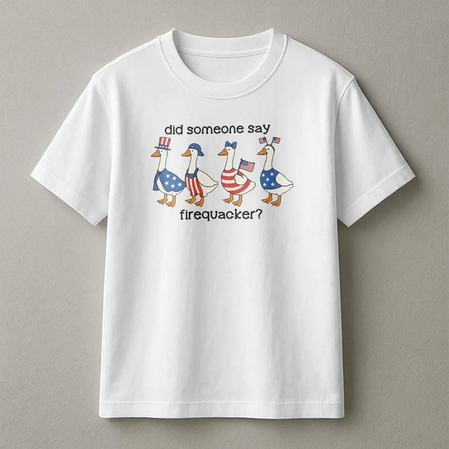 Firequacker Goose T-Shirt | Funny 4th of July Patriotic Graphic | 100% Soft Cotton Tee | Cute American Flag Bird Gift for Men and Women