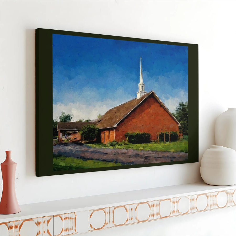 Country Church Canvas Art | Red Brick Building with White Steeple | Premium Gallery Wrap | Religious Home Decor and Christian Wall Print