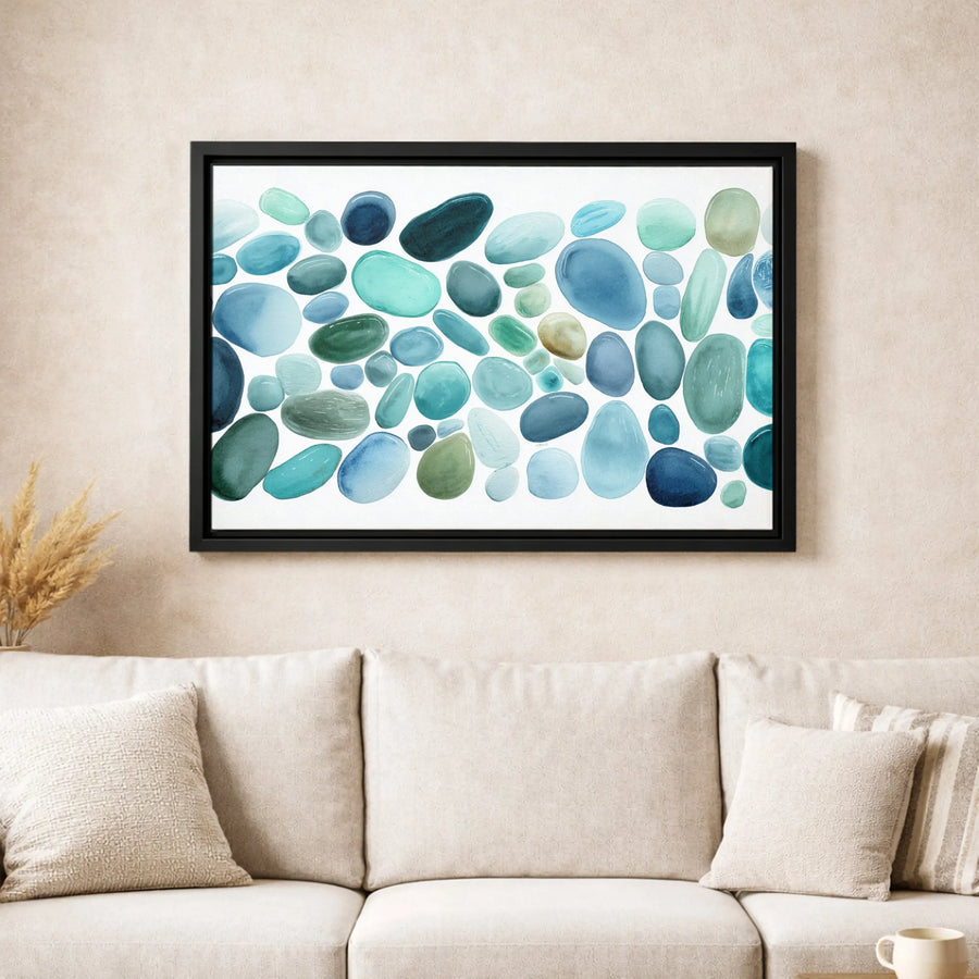 Abstract Ocean Stones Canvas Art | Blue Watercolor Sea Glass Print | Premium Gallery Wrap Wall Decor | Modern Coastal Living Room Wall Art