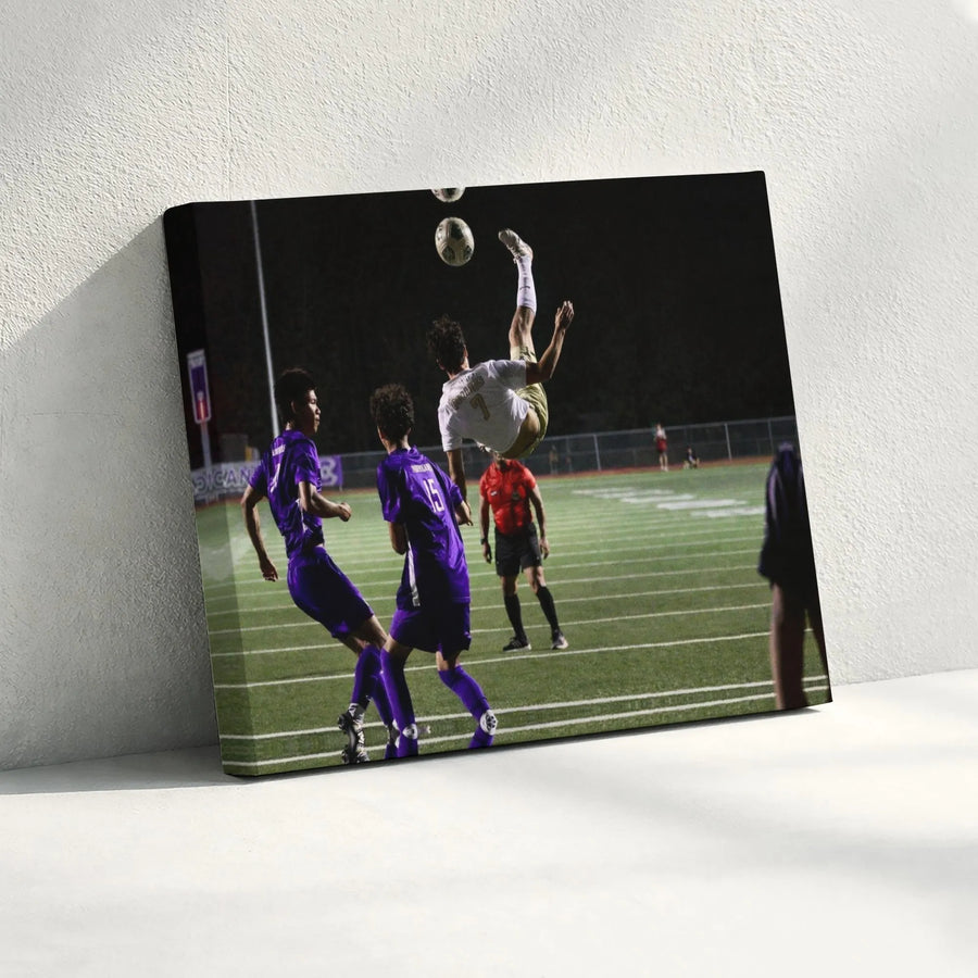 Soccer Bicycle Kick Canvas Wall Art | Action Shot Photography | Premium Gallery Wrapped Canvas | Gift for Soccer Player & Boys Room Decor