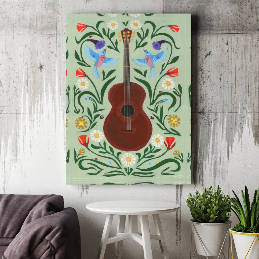 Acoustic Guitar Wall Art | Folk Art Floral Bird Illustration | Premium Gallery Wrapped Canvas | Music Lover Gift Home Decor