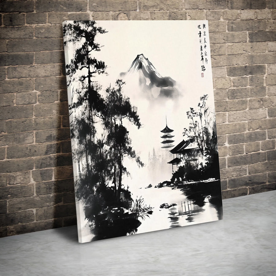 Japanese Ink Wash Painting Vertical Canvas | Sumi-e Mountain and Pagoda Art | Premium Gallery Wrapped Print | Zen Home Decor Gift for Living Room