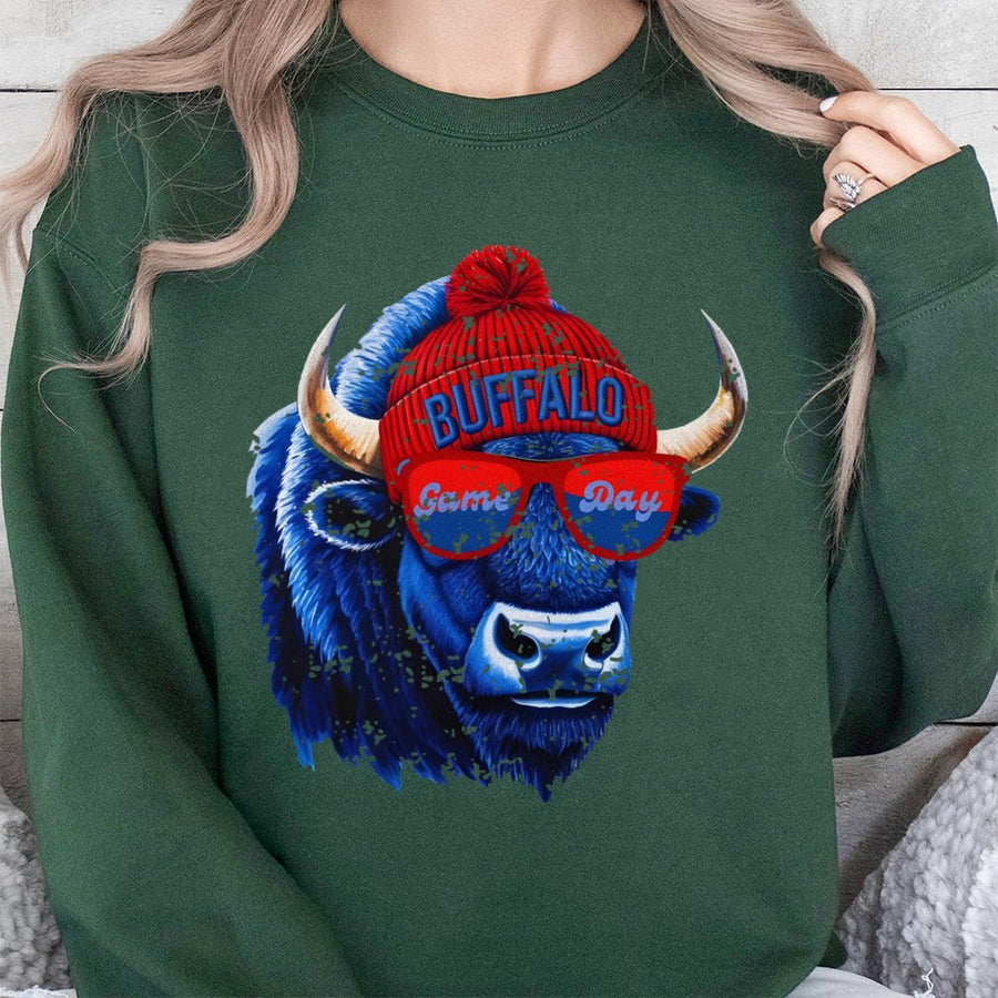 Buffalo Game Day Sweatshirt | Retro Bison In Beanie And Sunglasses | Premium Cotton Blend | Gift For Football Fan Tailgate Apparel