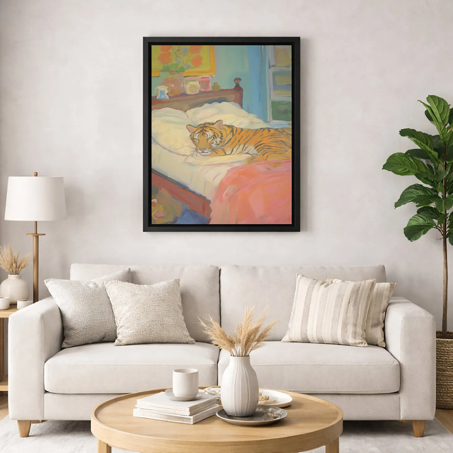 Tiger Sleeping On Bed Canvas Art | Whimsical Animal Bedroom Painting | Premium Gallery Wrap Print | Unique Wildlife Decor Gift For Animal Lovers