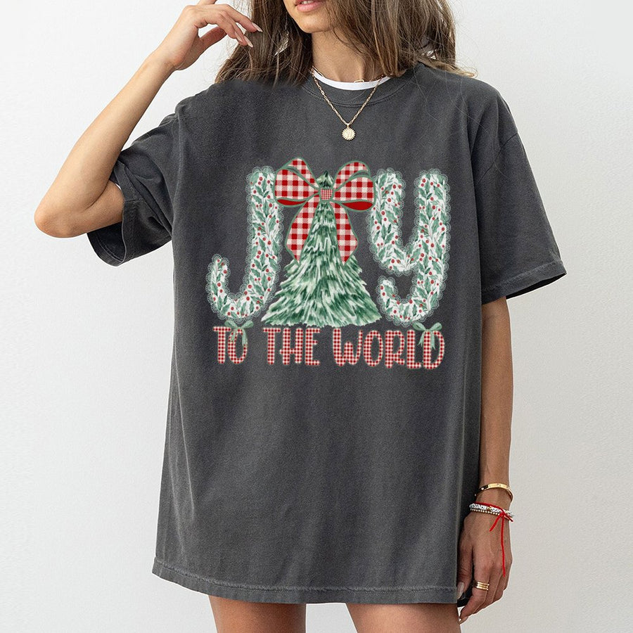Joy To The World T-Shirt | Buffalo Plaid Christmas Tree Graphic | 100% Cotton Premium Tee | Festive Holiday Gift for Women and Family