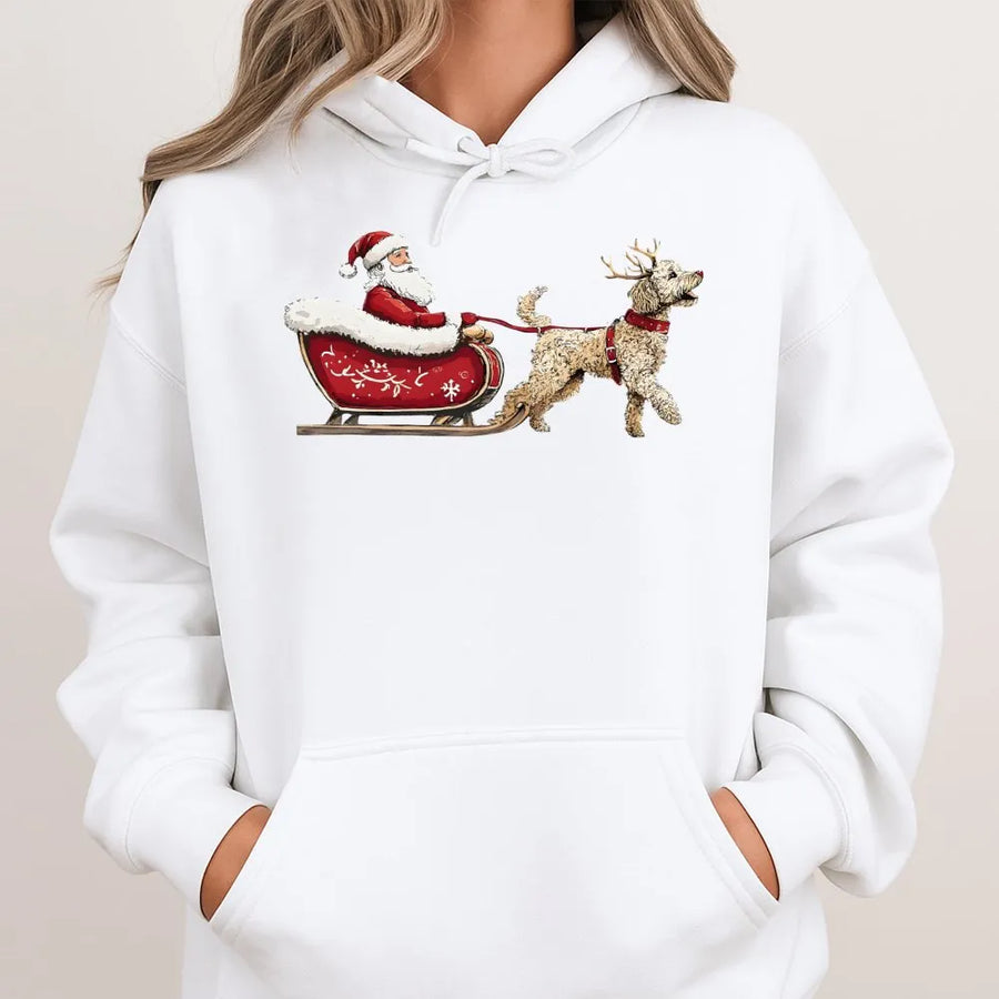 Goldendoodle Christmas Hoodie | Santa Sleigh Graphic Pullover | Premium Cotton Blend Sweatshirt | Gift for Dog Mom & Doodle Lovers