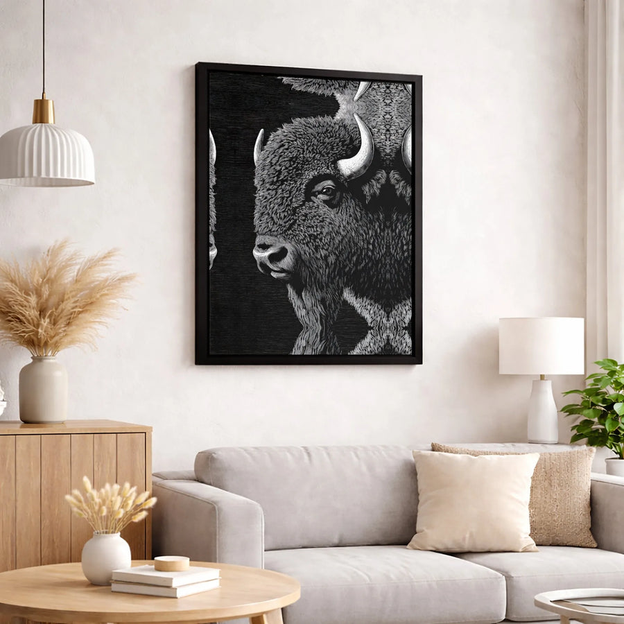 American Bison Canvas Wall Art | Rustic Woodcut Style Animal Portrait | Premium Fade-Resistant Gallery Wrap | Modern Farmhouse Home Decor Gift