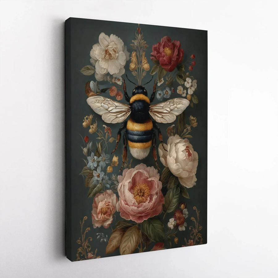 Bumblebee Floral Canvas Wall Art | Vintage Botanical Bee Illustration | Premium Fade-Resistant Gallery Wrap | Elegant Home Office Decor Gift