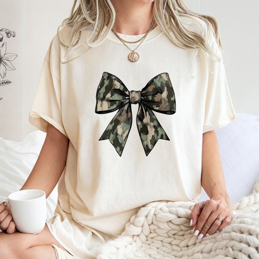 Camo Bow T-Shirt | Camouflage Ribbon Graphic Print | Premium Soft Cotton Tee | Trendy Fall Aesthetic Gift For Her