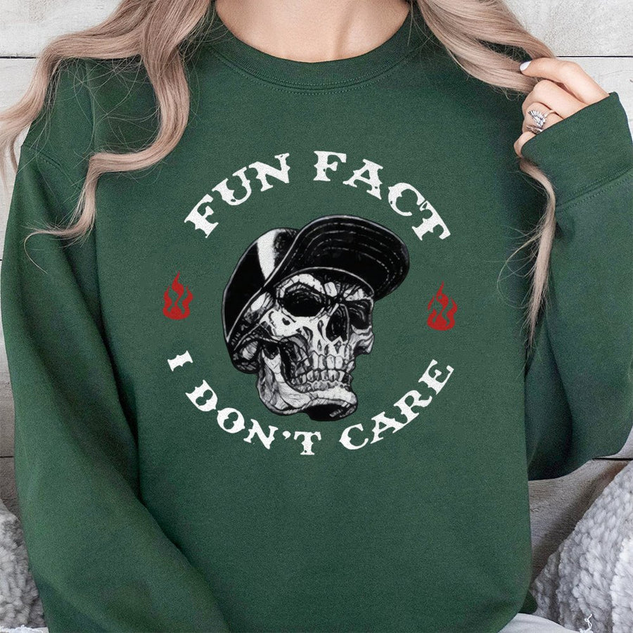 Fun Fact I Don't Care Skull Sweatshirt | Edgy Streetwear Graphic Print | Cotton Blend Crewneck | Unisex Sarcastic Gift for Men and Women
