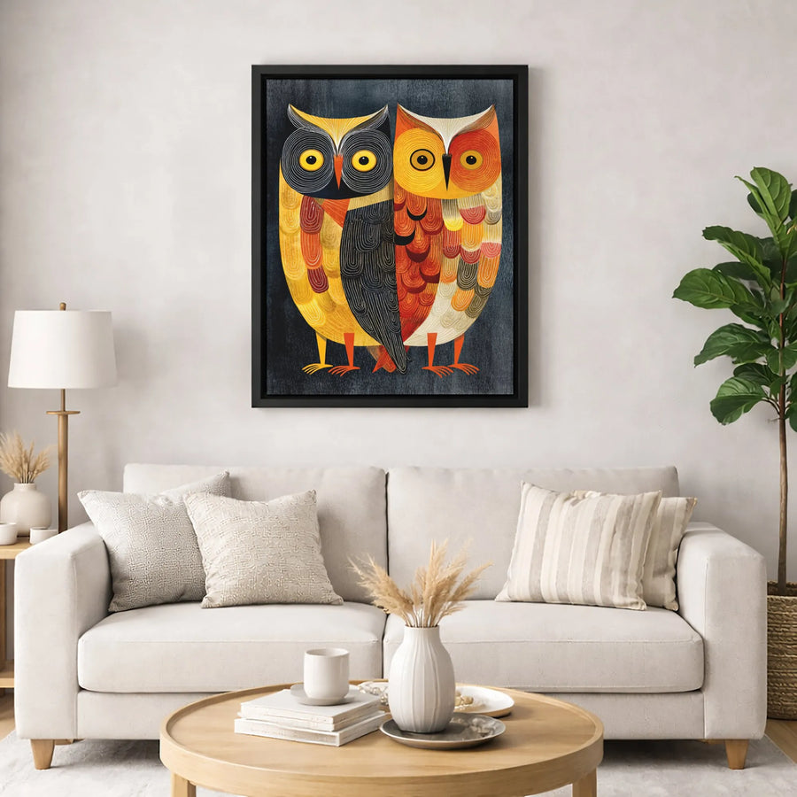 Modern Owl Couple Canvas Wall Art | Mid Century Abstract Bird Design | Premium Gallery Wrapped Print | Unique Nature Lover Home Decor Gift