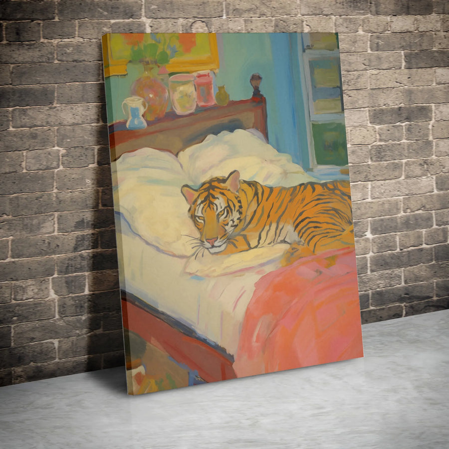 Tiger In Bed Oil Painting Wall Art | Whimsical Animal Portrait Canvas | Premium Gallery-Wrapped Print | Unique Home Decor Gift For Art Lovers