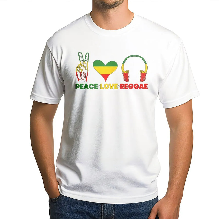 Peace Love Reggae Graphic T-Shirt | Rasta Colors Music Design | Premium 100% Cotton Tee | Unisex Festival Gift for Music Lovers