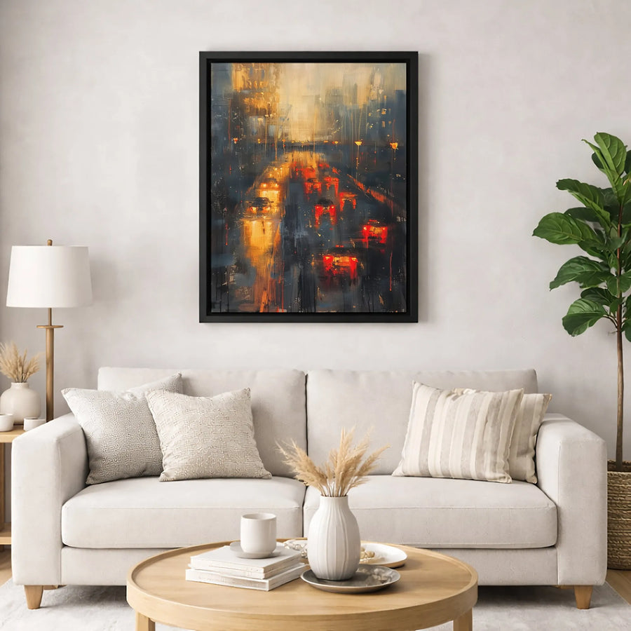 Night City Traffic Canvas Wall Art | Rainy Street Abstract Print | 1.25-Inch Gallery Wrap | Modern Home Decor Gift
