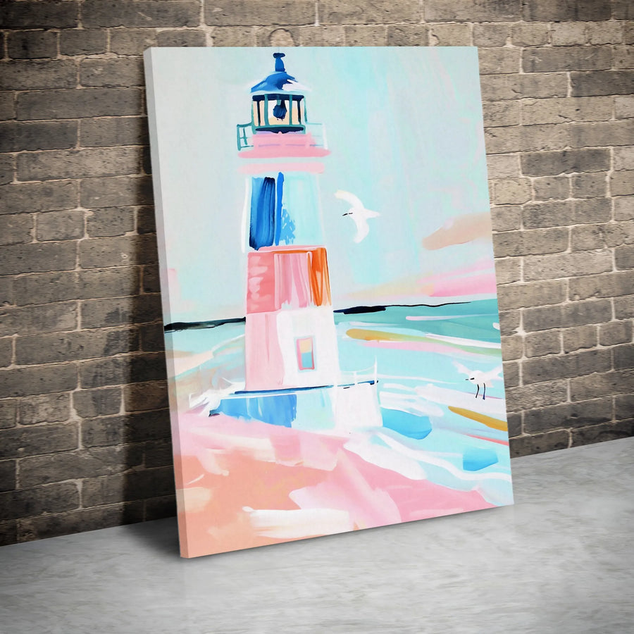 Abstract Lighthouse Canvas Wall Art | Pastel Coastal Beach Decor | Premium Fade-Resistant Print | Modern Gallery Home Decor Gift